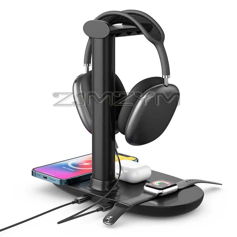 Stand Porta-Cuffie con Stazione di Ricarica Wireless Veloce 3-in-1
